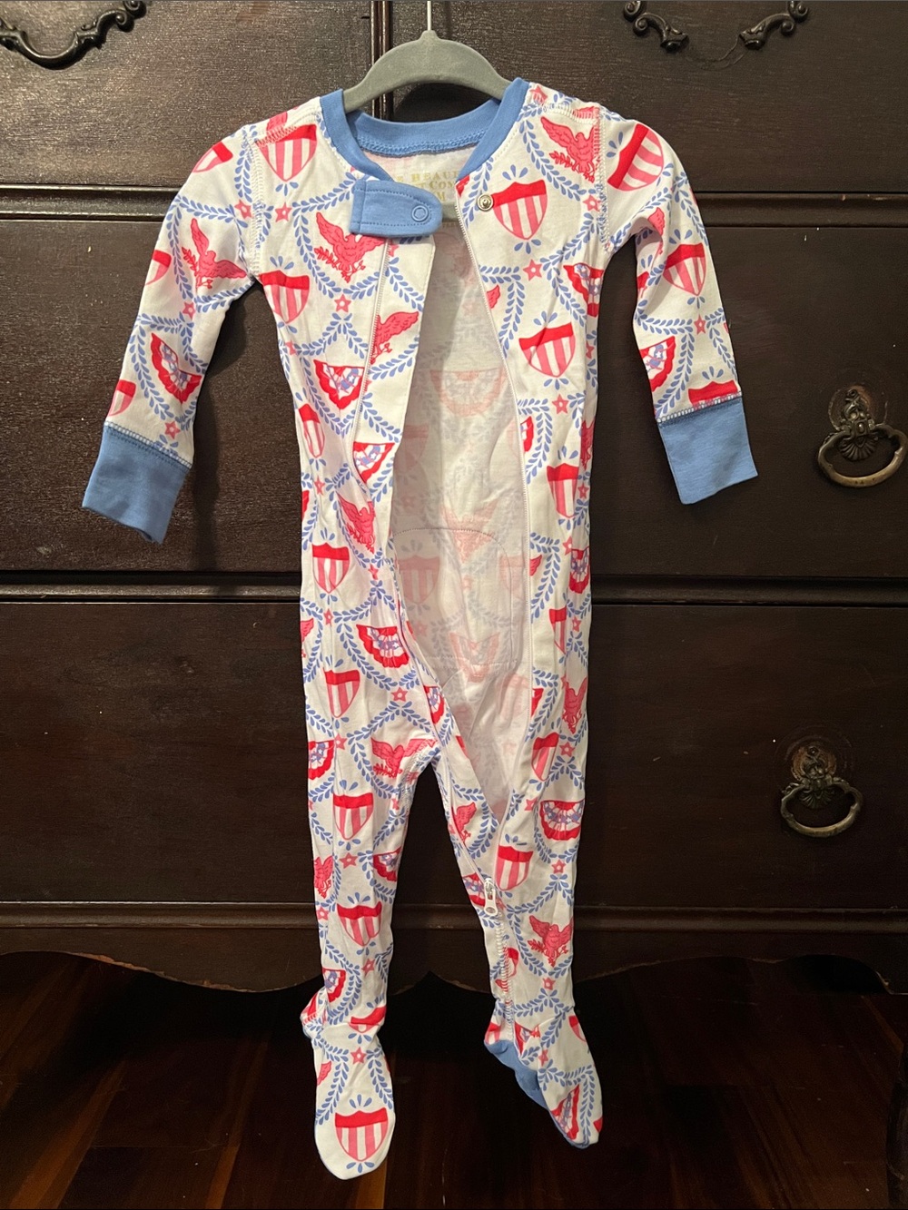 TBBC NWOT Blue-Trim Red & Blue Shield Print Baby One-Piece Pajamas